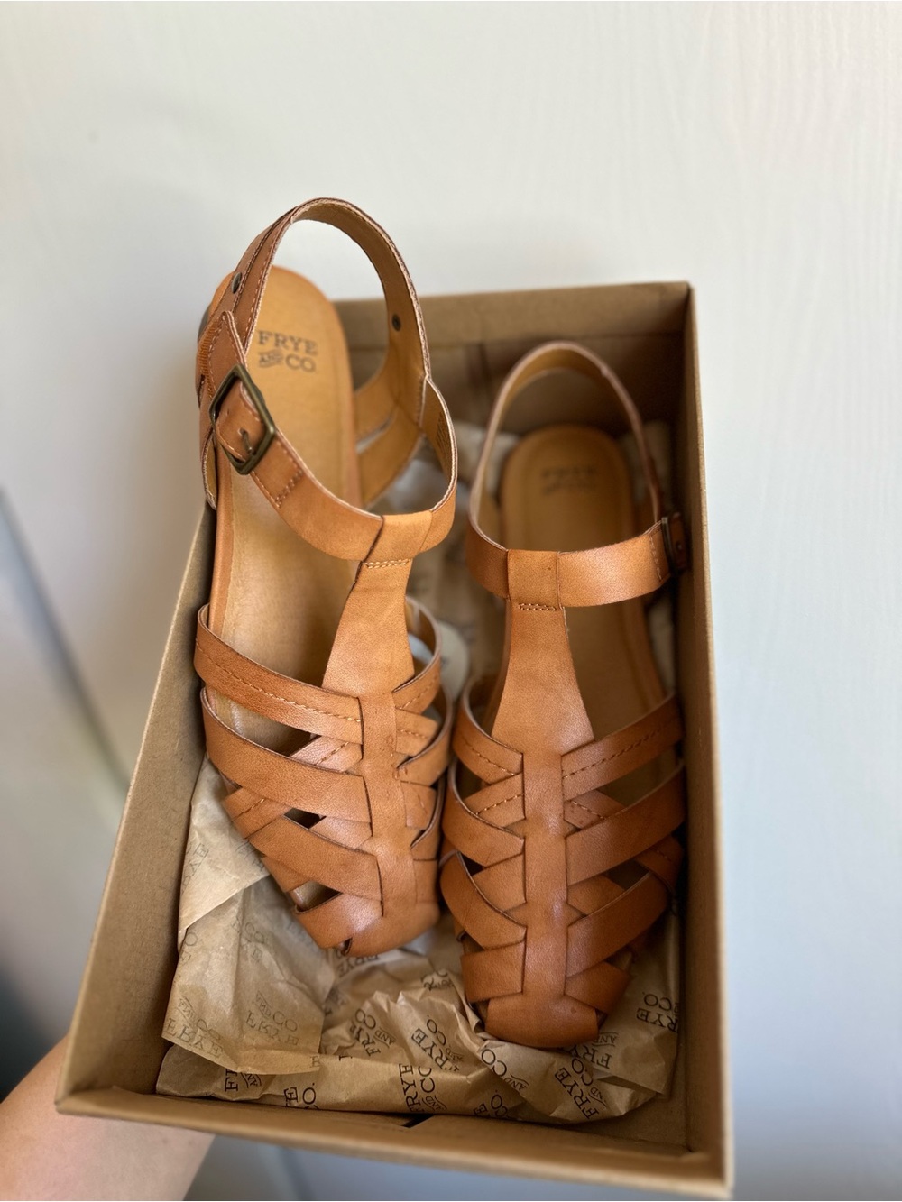 Frye Tan Leather Woven T-Strap Sandals for Women